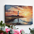 Framed canvas print of an impressionist lighthouse by the sea at sunset with vibrant colours