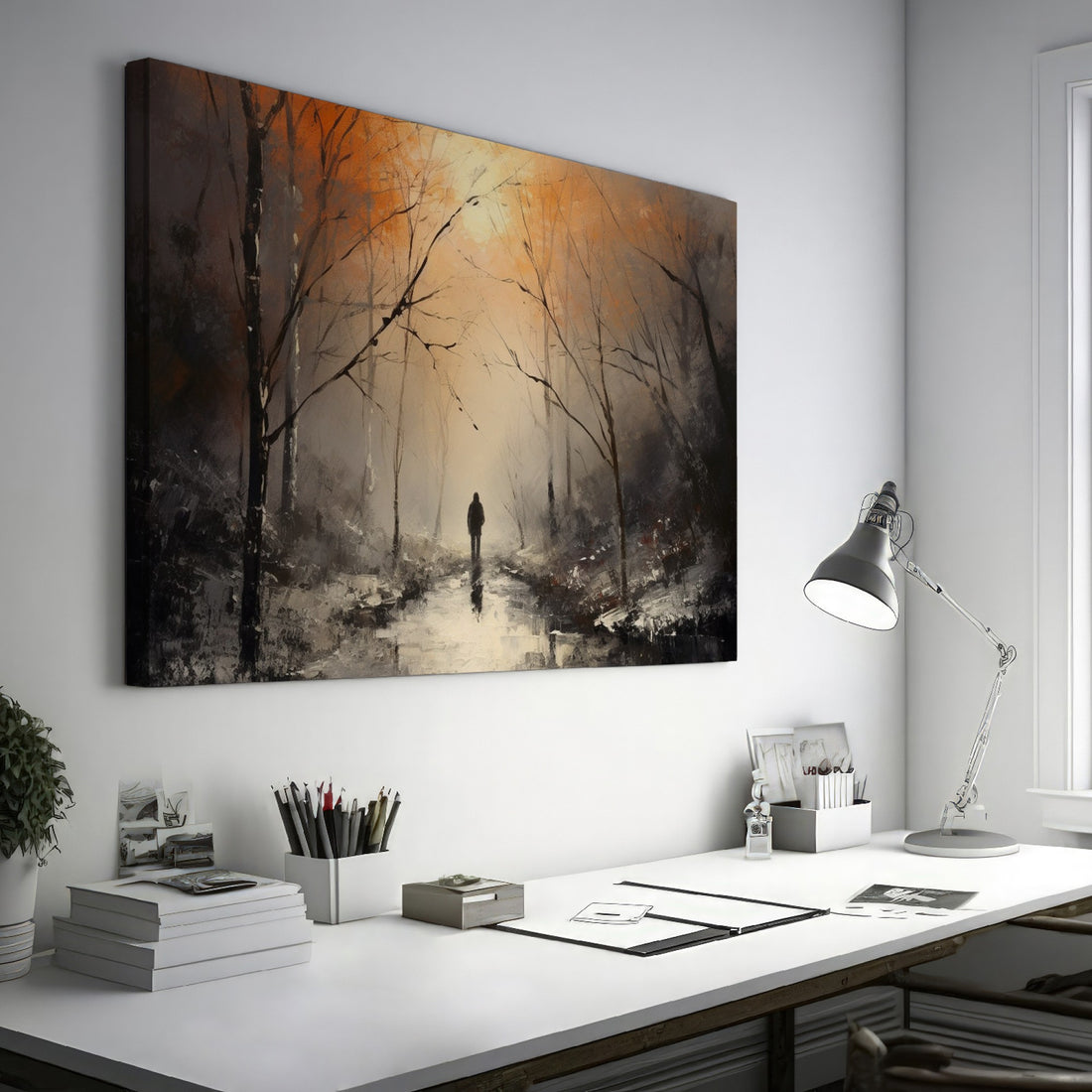 Framed canvas print of a solitary figure walking through a misty, autumnal forest with warm, glowing light