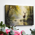 Impressionist painting of a stag by a water body amidst a yellow and brown autumn forest.