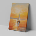 Framed canvas print of an impressionistic sunset seascape with golden colours and a sailboat