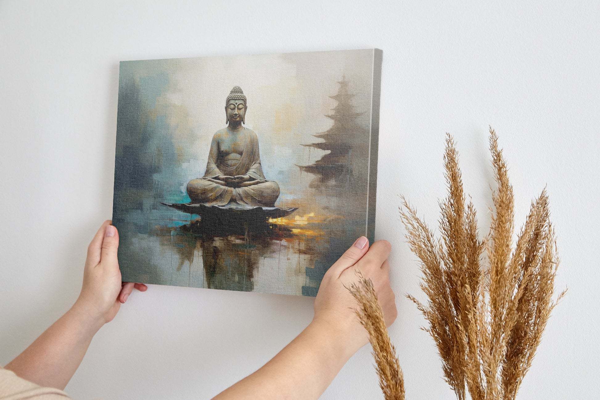 Framed canvas print of a serene Buddha in meditation with warm and earthy tones