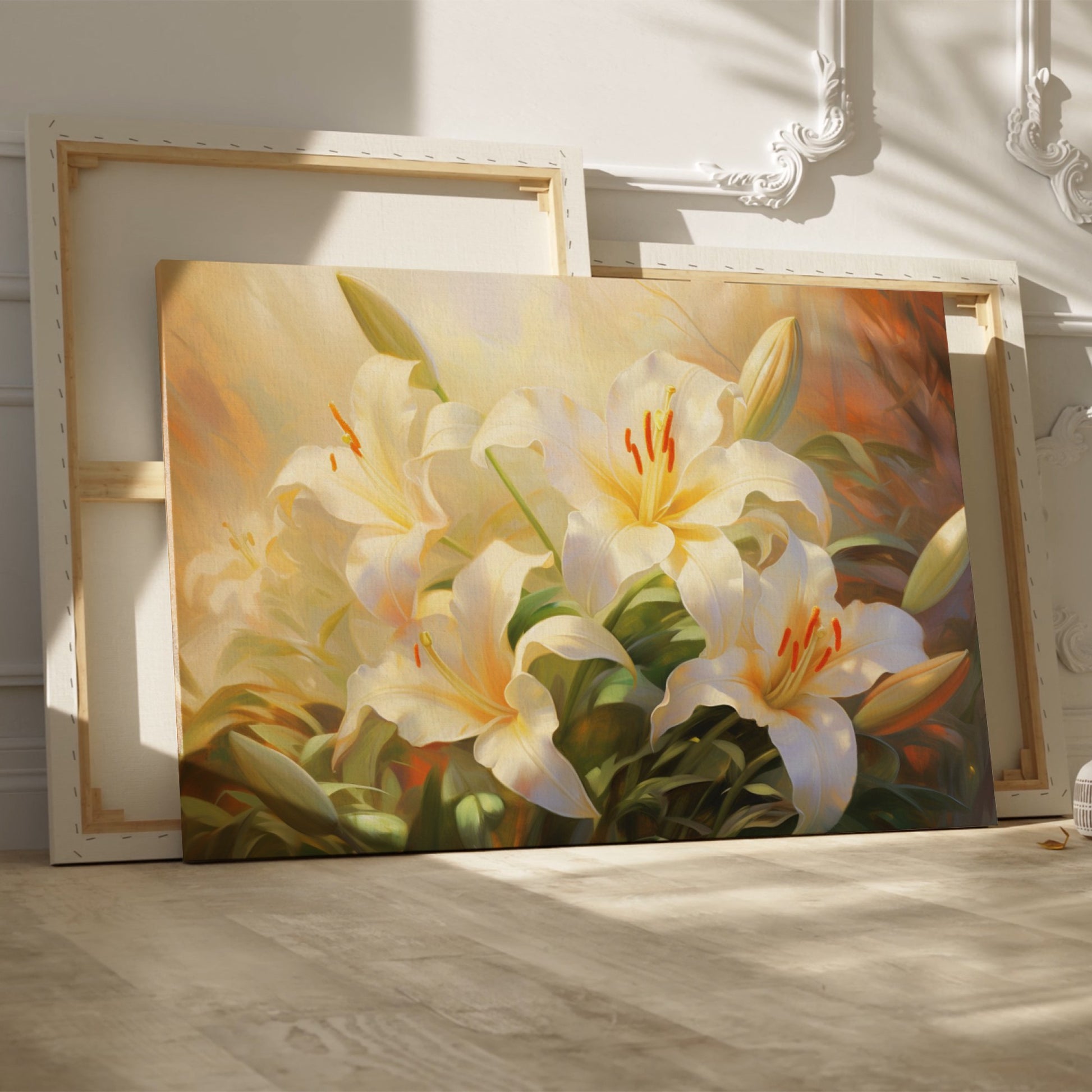 Framed canvas print of serene white lilies with a warm colour palette and lush greenery