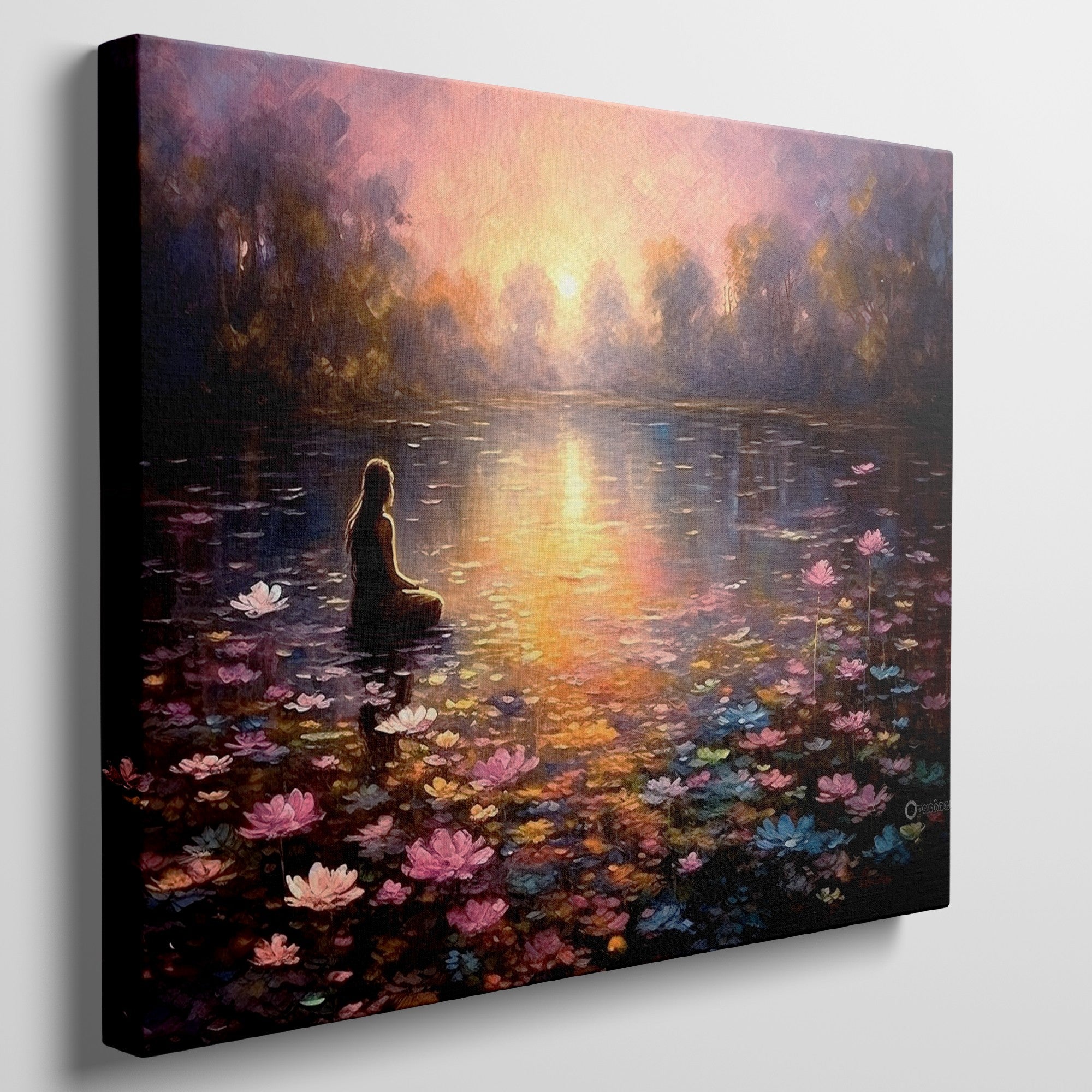 Framed canvas print of tranquil sunset over a lake with a thoughtful woman and colourful water lilies