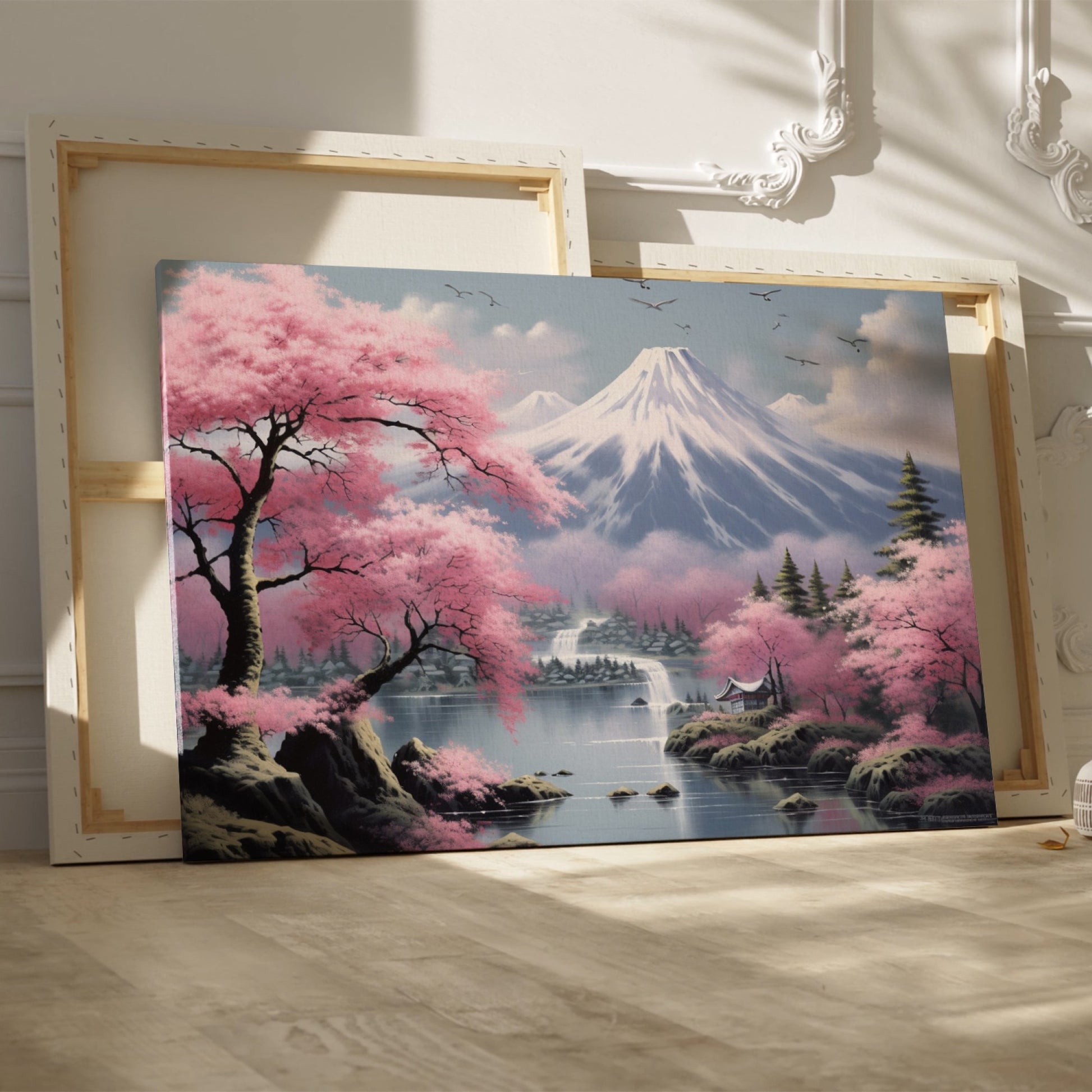 Framed canvas print of a serene Japanese landscape with pink cherry blossoms and Mount Fuji