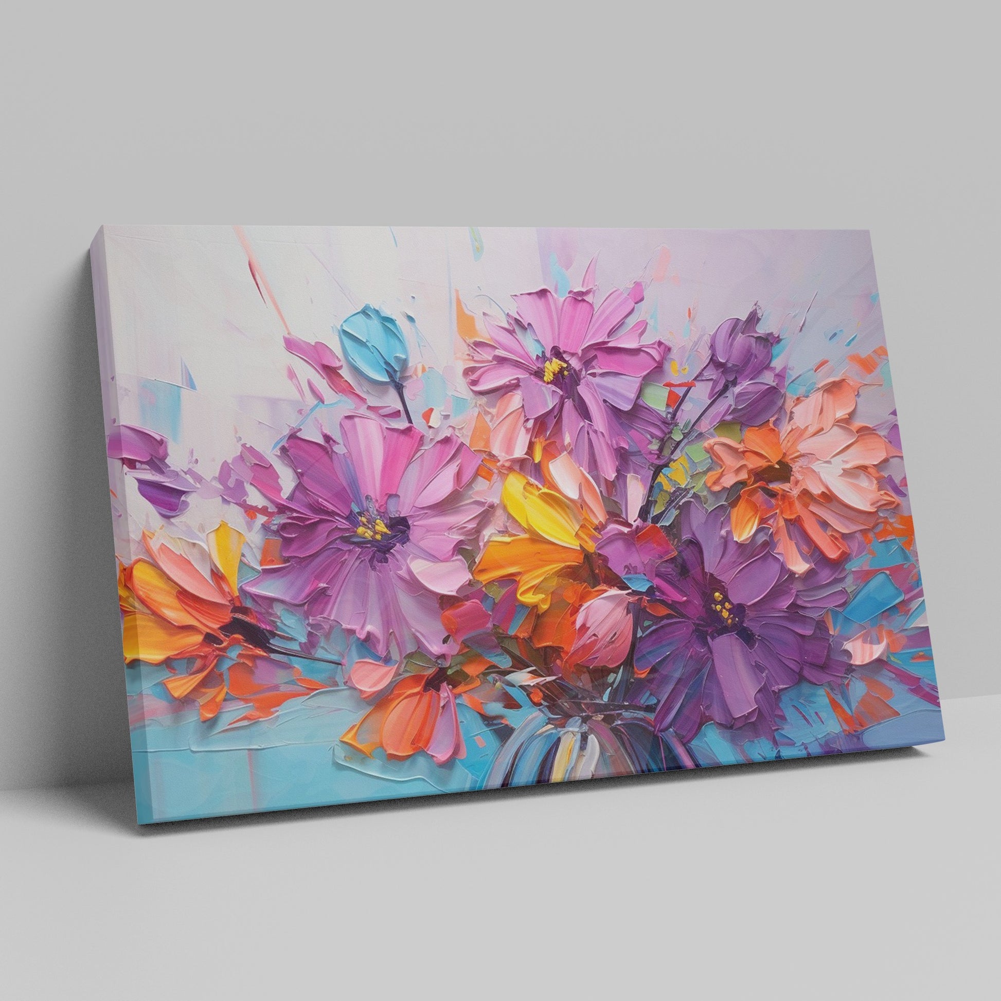 Framed canvas print of vibrant botanical impasto, with textured flowers in bright colours