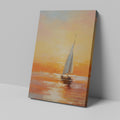 Framed canvas print of impressionistic sailboat at sunset with warm golden and orange tones