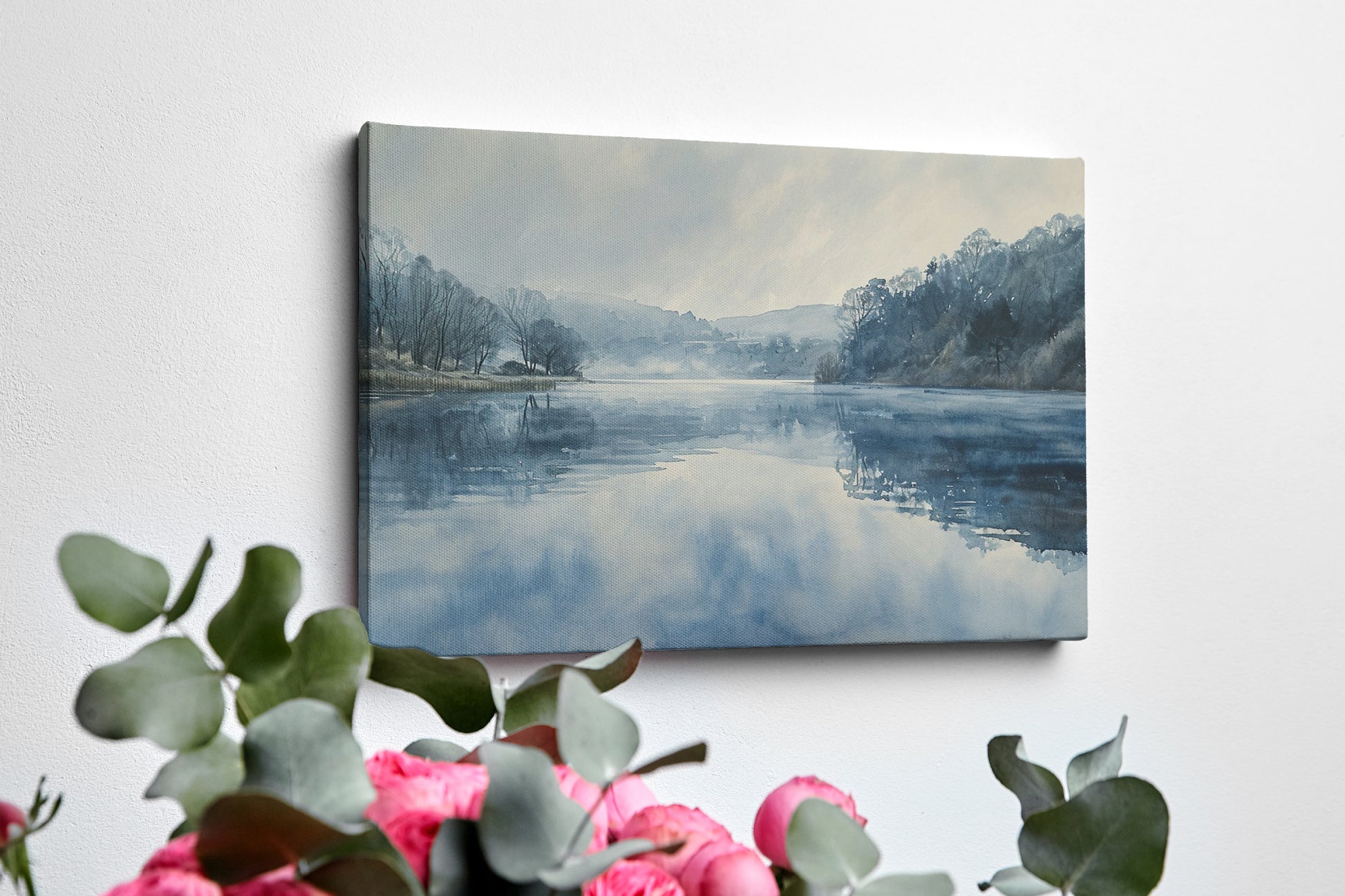 Framed canvas print of a serene lakeside watercolor painting with soft blue and grey tones