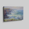 Framed canvas print of a vibrant impressionist seascape with cliffs and ocean waves