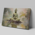 Framed canvas print of a serene Buddha sitting in meditation with a reflective water effect