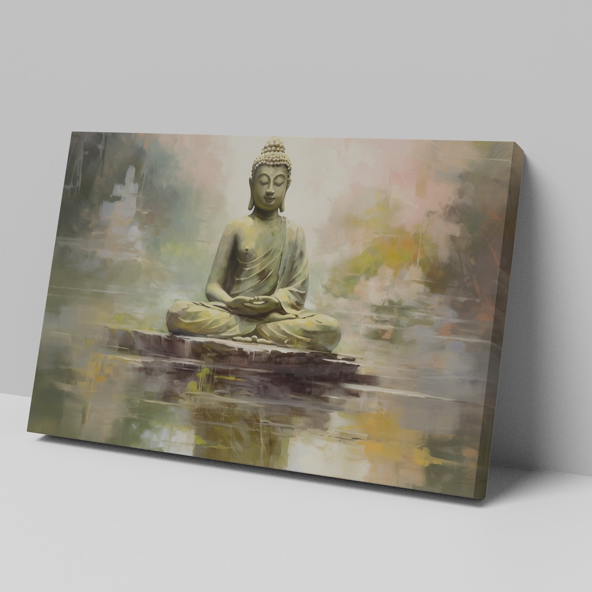 Framed canvas print of a serene Buddha sitting in meditation with a reflective water effect