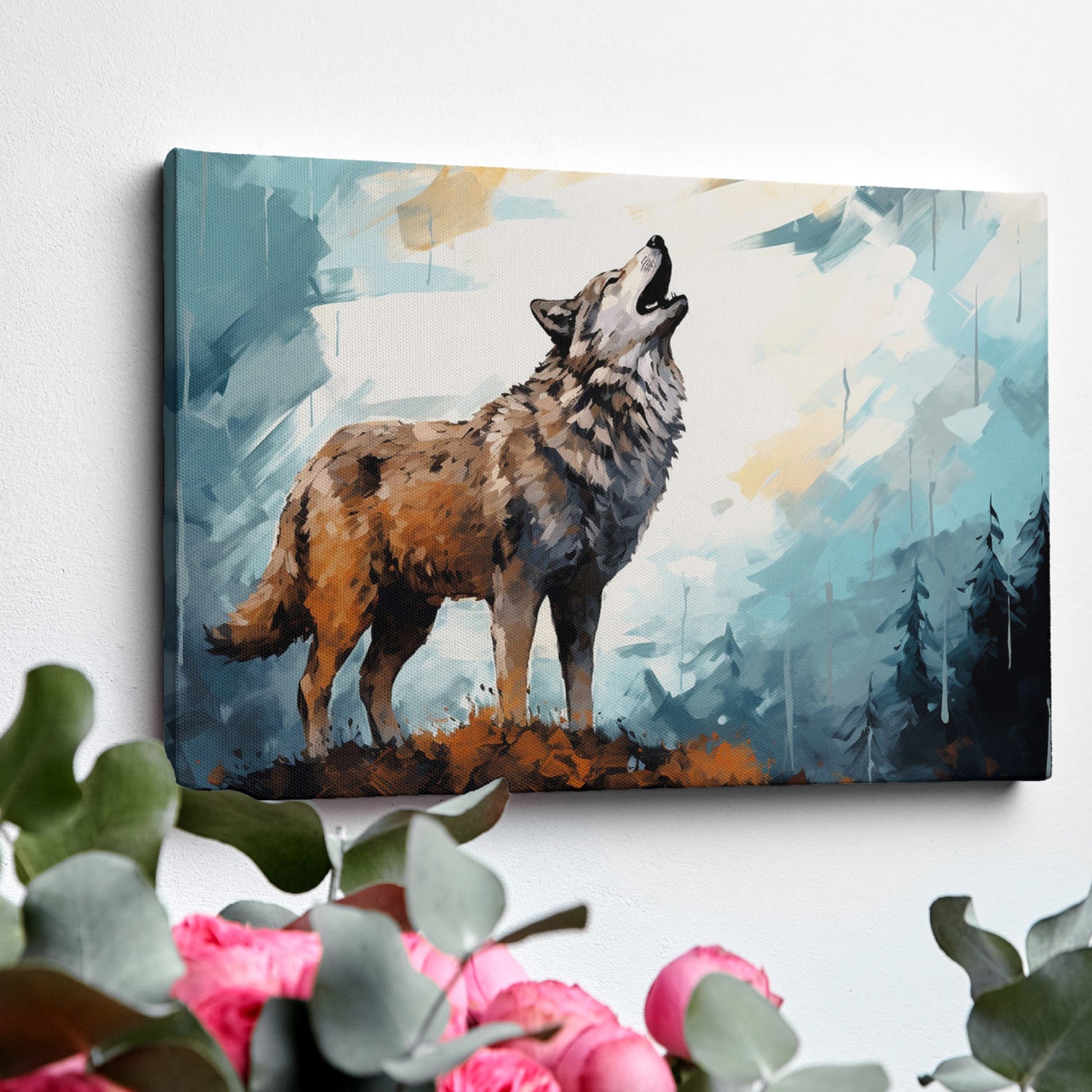 Framed canvas print of a wolf howling in an abstract forest setting