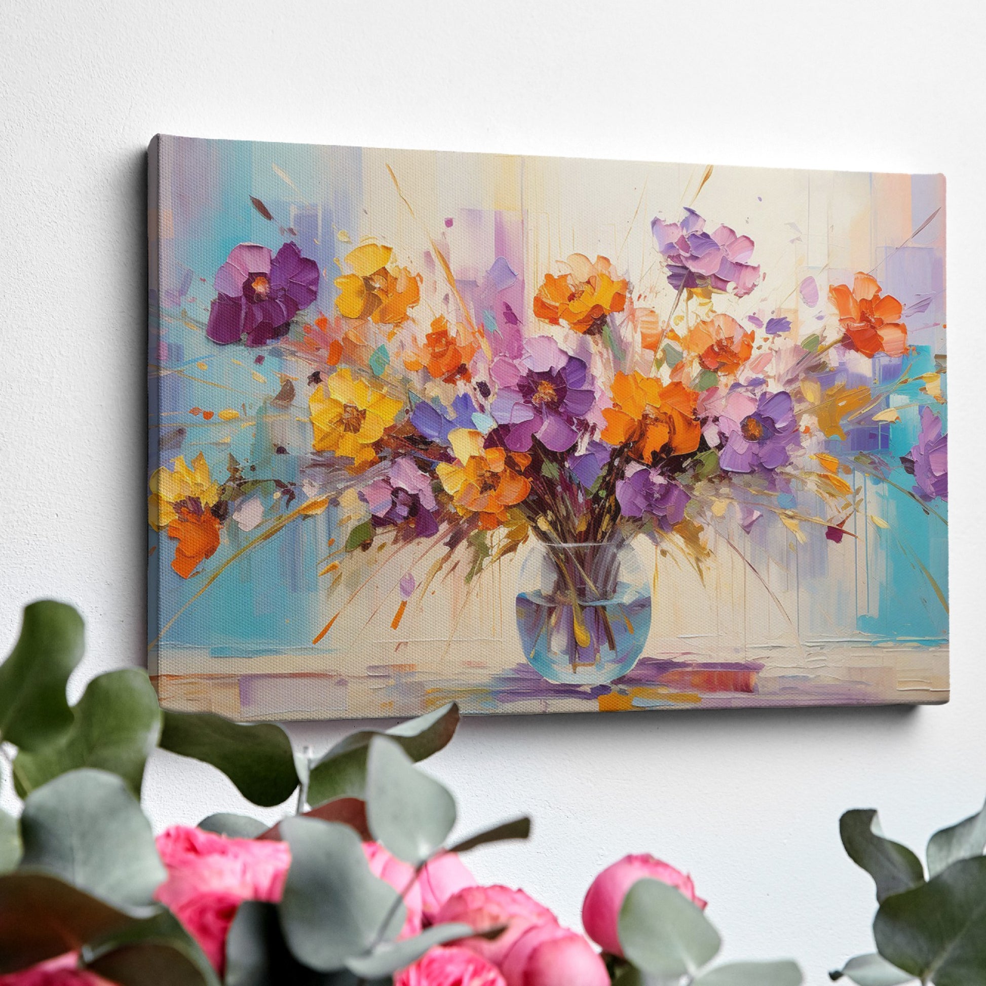 Framed canvas print of lively impressionist floral bouquet with vibrant purples, oranges, and yellows