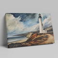 Framed canvas print of a lighthouse by the ocean with dramatic clouds and coastal cliffs