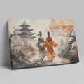 Framed canvas print of traditional Chinese pagoda landscape with figures in kimonos and cherry blossoms