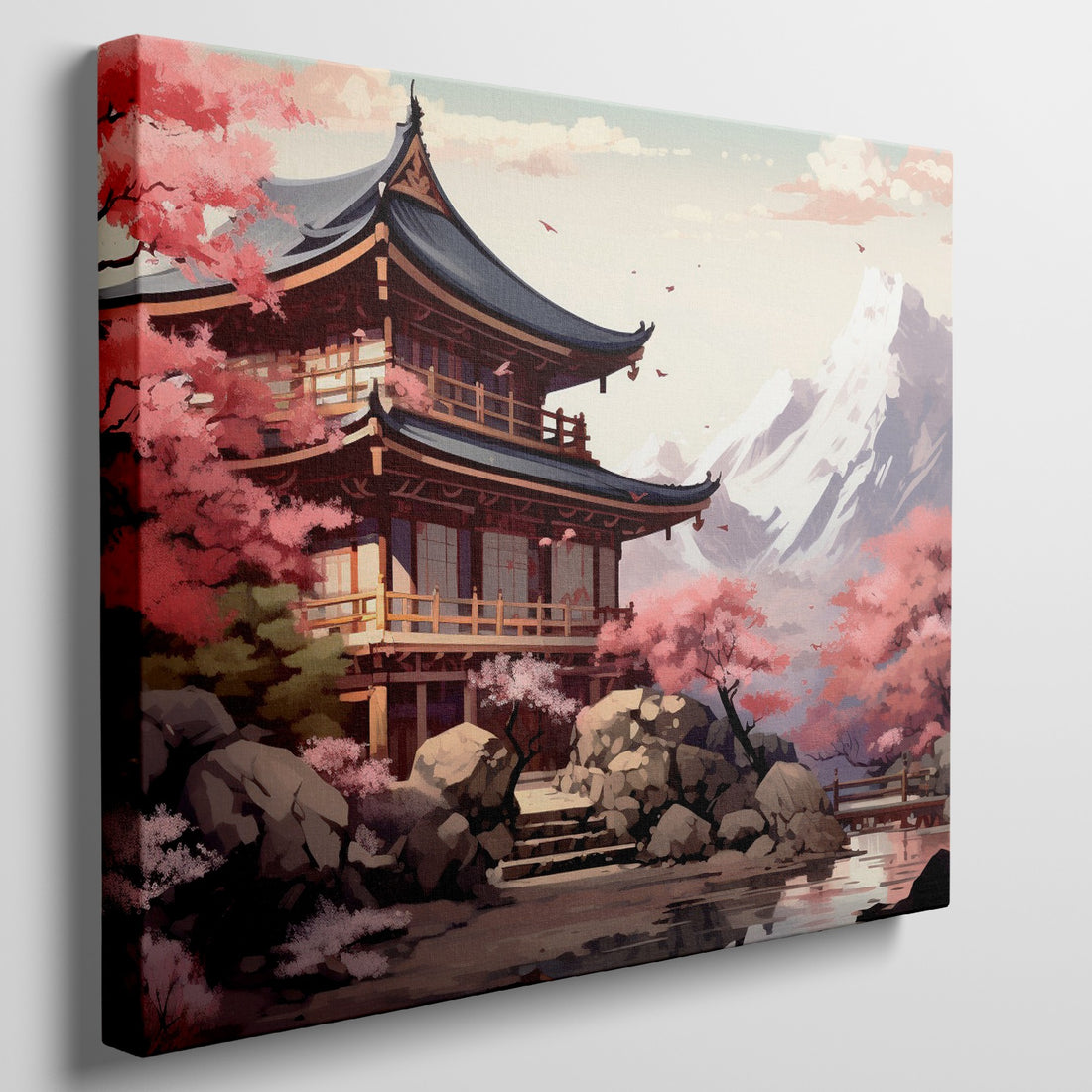Illustrated canvas print of a traditional Japanese pagoda surrounded by cherry blossoms with a mountainous backdrop