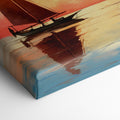 Impressionistic sailboat at sunset with vibrant orange, red, and blue hues reflecting on water