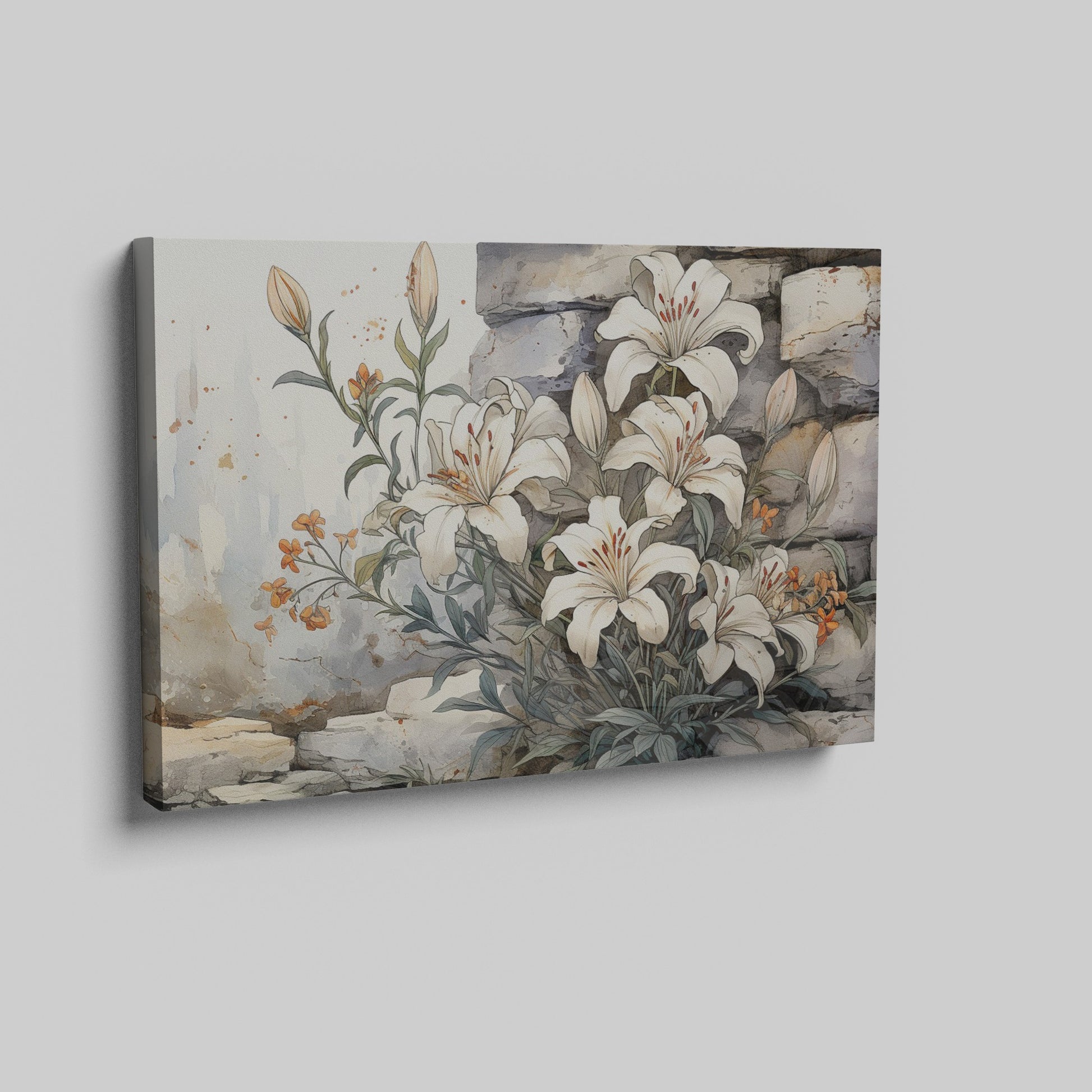 Framed canvas print of elegant white lilies with orange flowers against a rustic stone background, in watercolour style