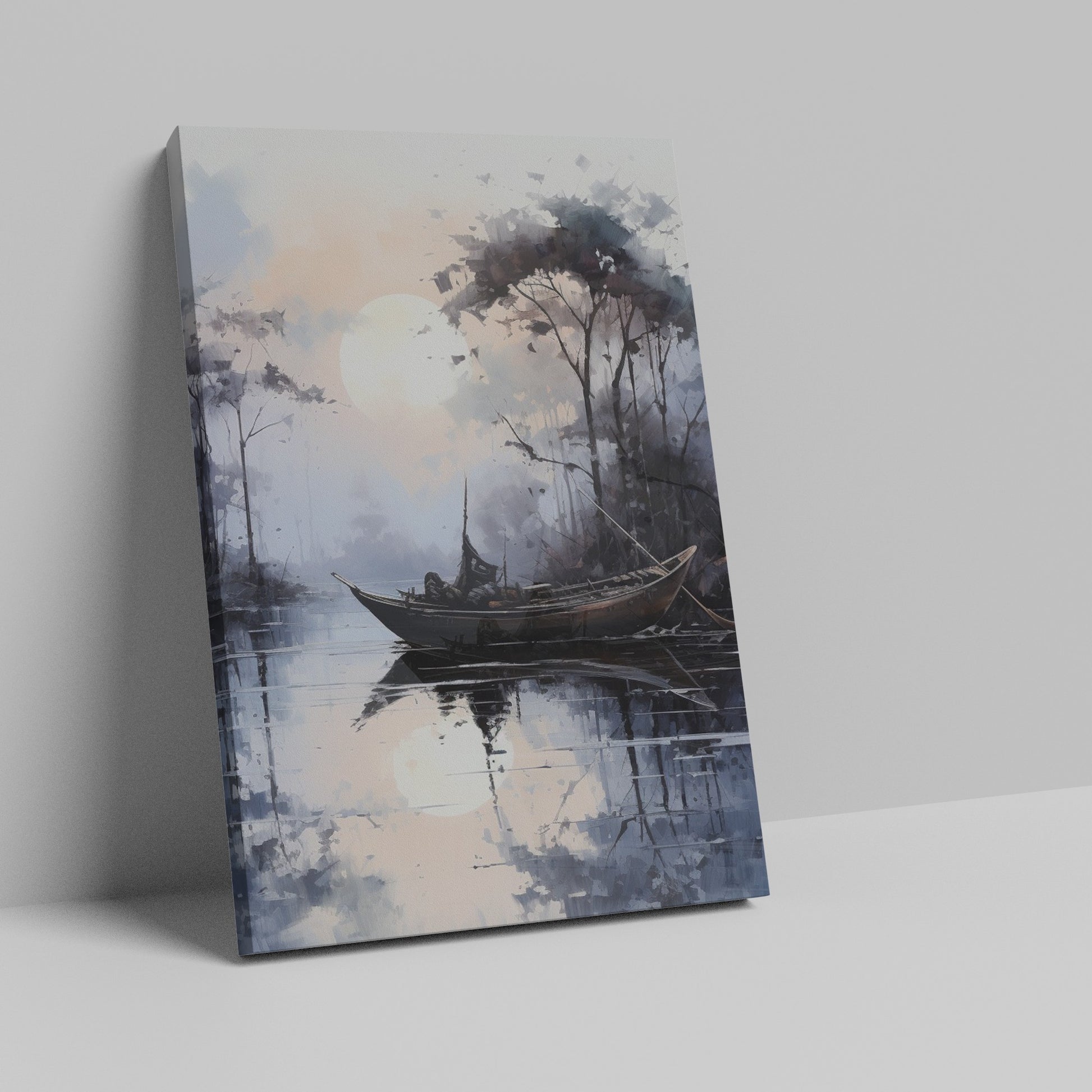 Framed canvas print of a watercolor landscape featuring a sunset, a boat, and reflections on a tranquil lake