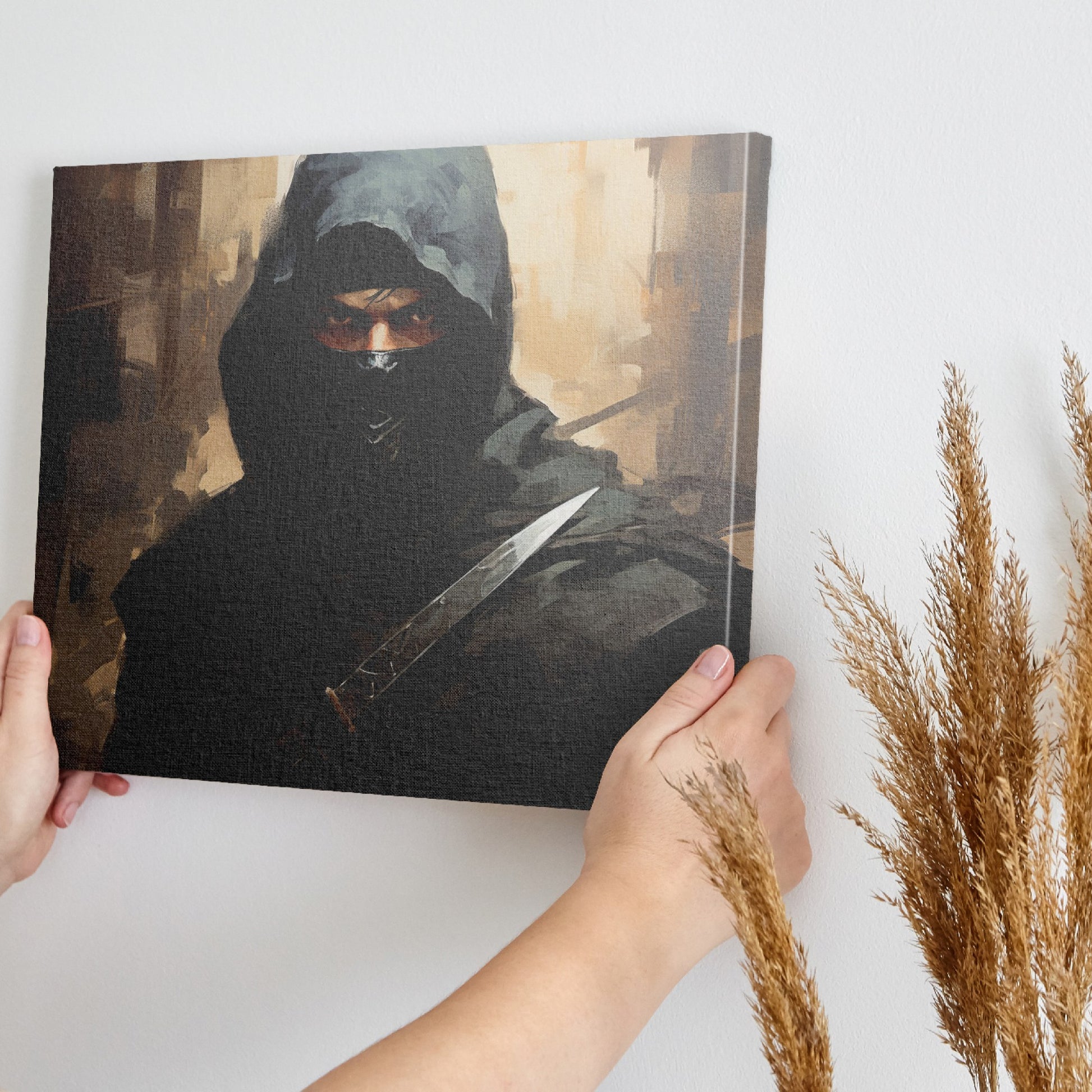 Framed canvas print of a dark and mysterious ninja warrior with intense gaze and sword