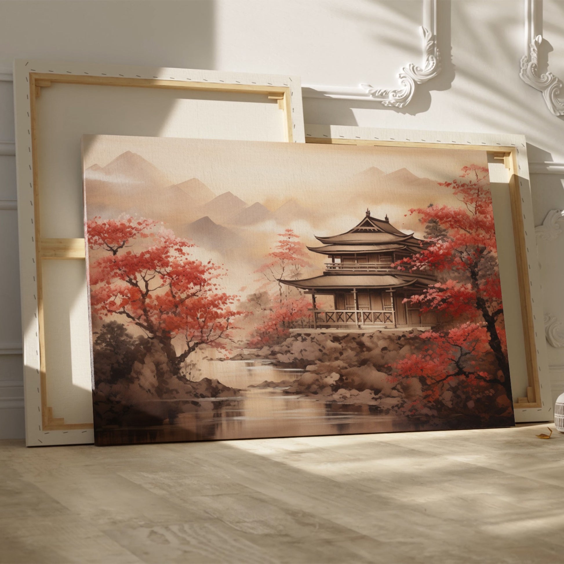 Framed canvas print of Oriental Asian Pagoda scene with Cherry Blossoms and misty mountain backdrop