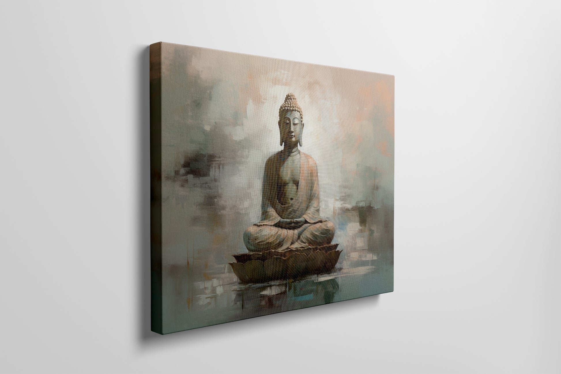 Framed canvas print of a serene Buddha on a lotus throne with an abstract background