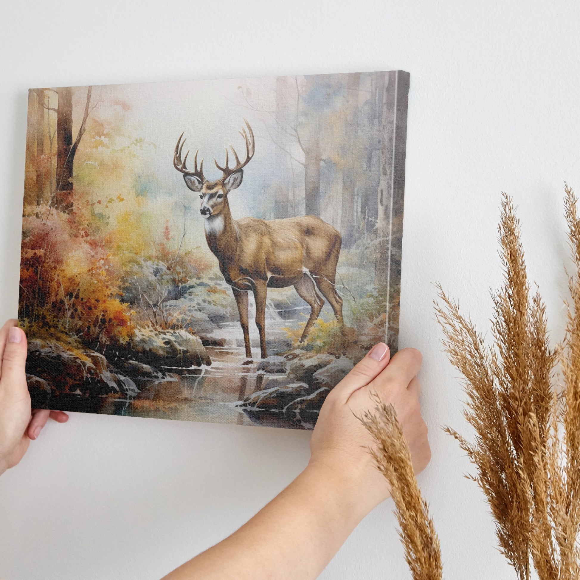 Framed canvas print of a stag in a watercolour autumn forest