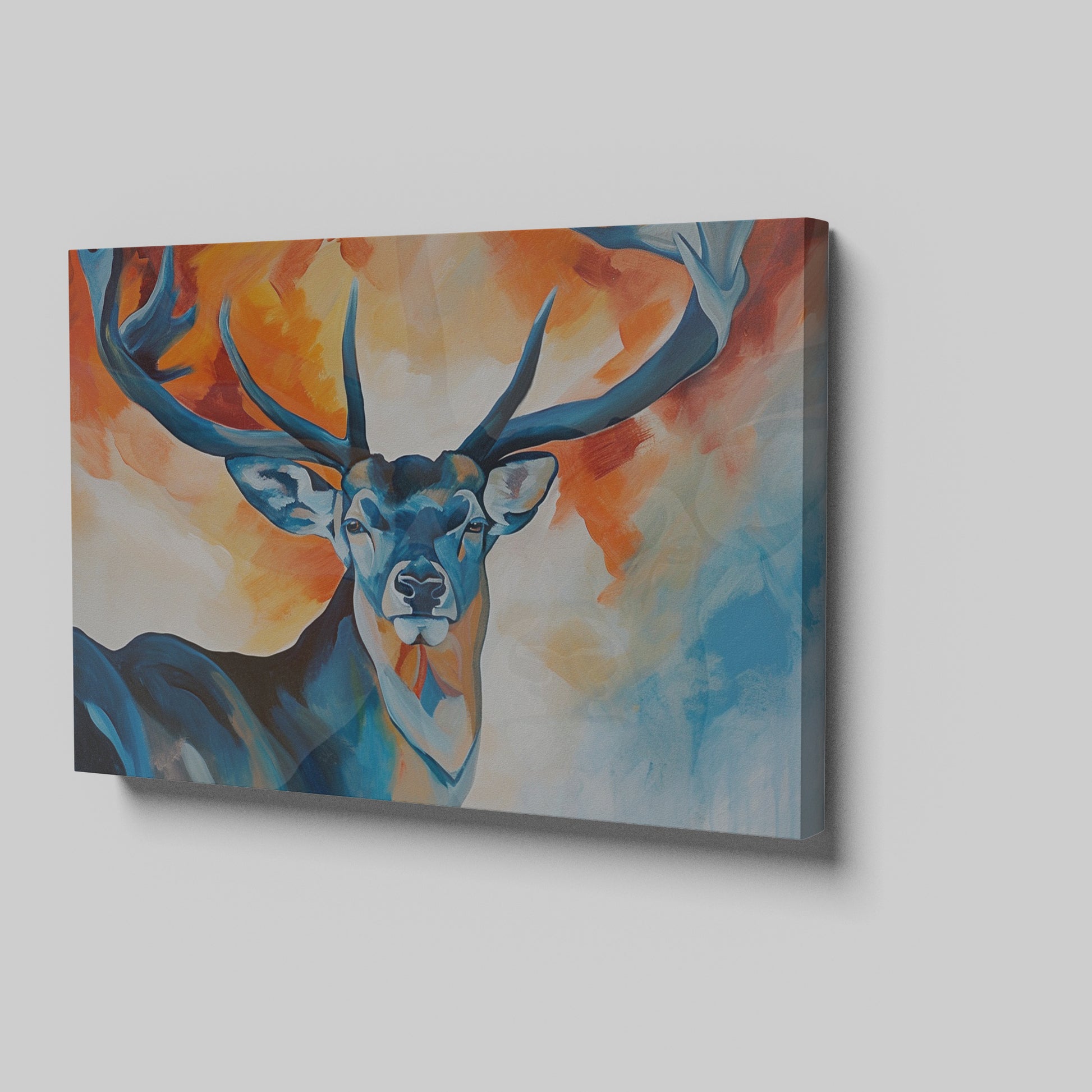 Framed canvas print of a stylized stag with abstract blue and orange background