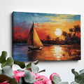 Framed canvas print of an Impressionist sailboat sailing at sunset with vibrant orange and blue colors