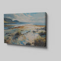 Framed canvas print of a serene watercolor painting depicting a scenic seaside landscape with vibrant blues and earthy tones