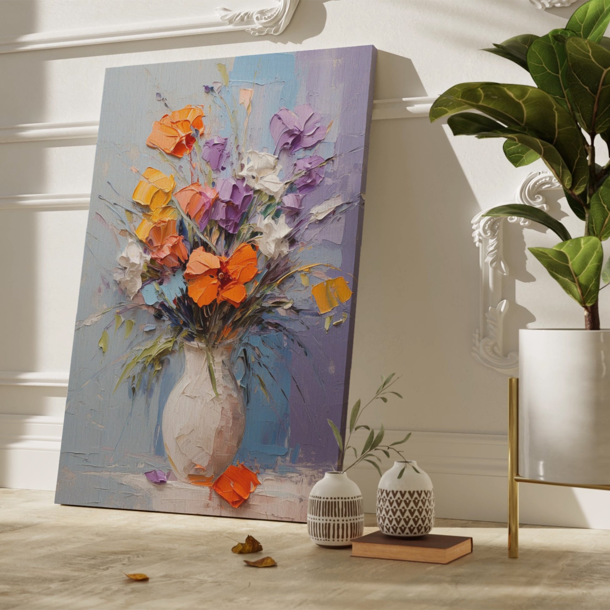 Framed canvas print of vibrant impasto flowers in a vase with rich textures