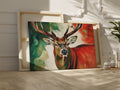 Framed canvas print of an impressionist stag portrait with vibrant red and green tones