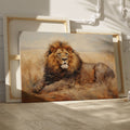 Framed canvas print of a realistic lion resting in the golden savannah