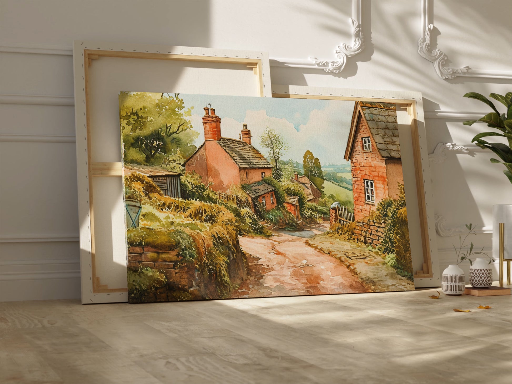 Framed canvas print of a charming English village scene with watercolour cottages in a rustic countryside setting