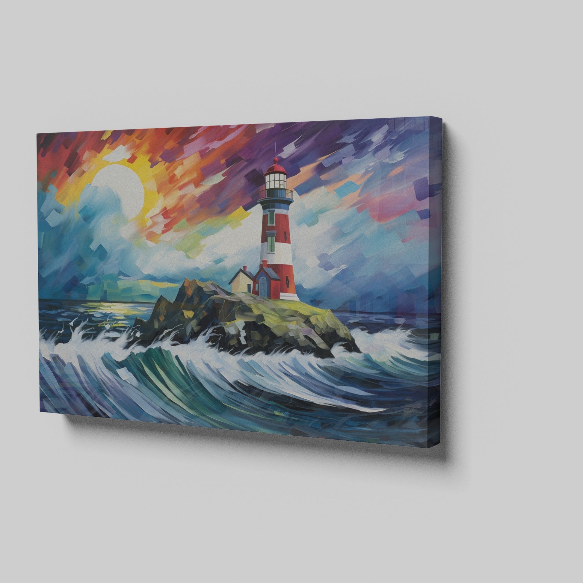 Abstract painting of a lighthouse with colorful brush strokes representing waves and sunset