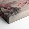 Framed canvas print of Oriental landscape with cherry blossoms and misty mountains