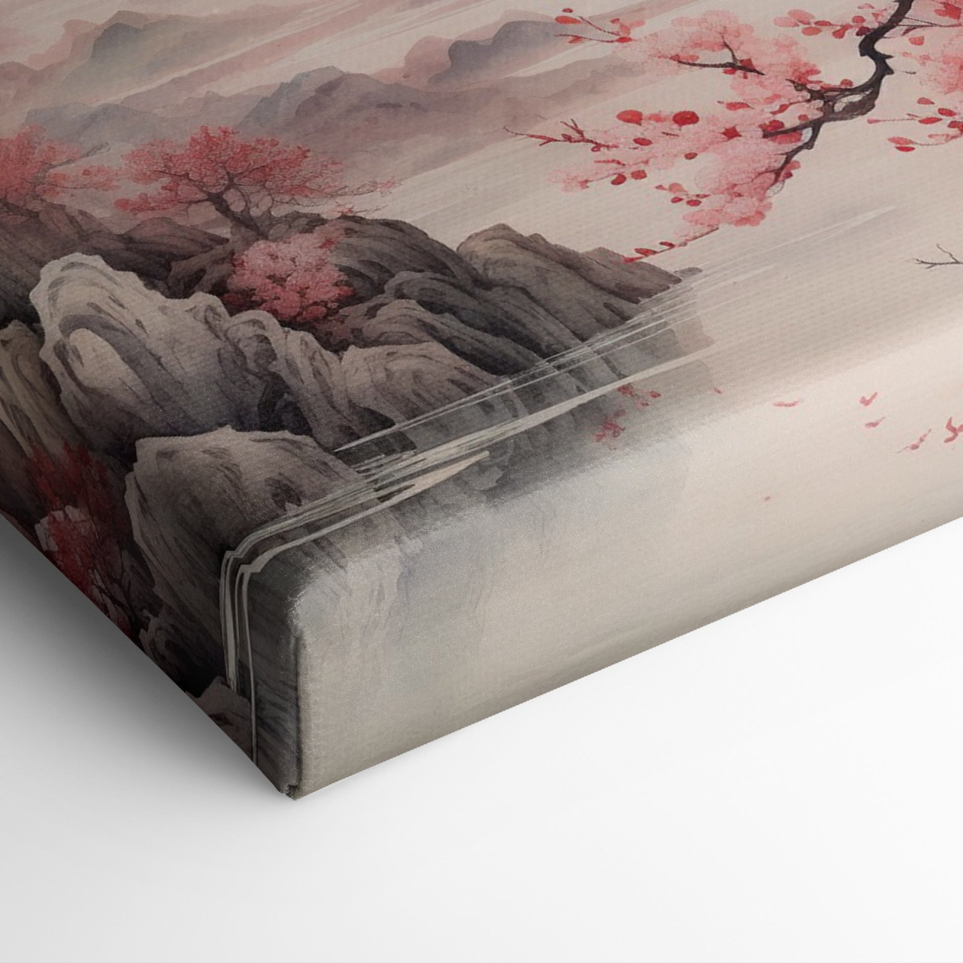 Framed canvas print of Oriental landscape with cherry blossoms and misty mountains