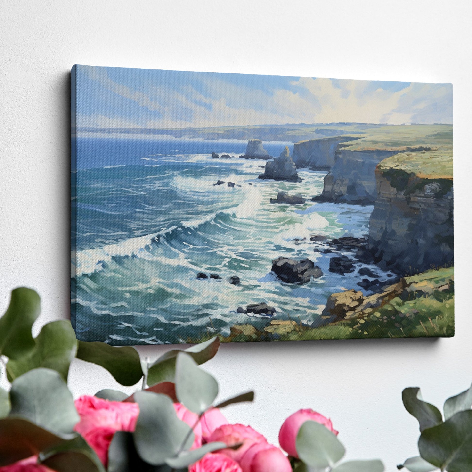 Framed canvas print of a coastal cliffside seascape with ocean waves and sunny skies