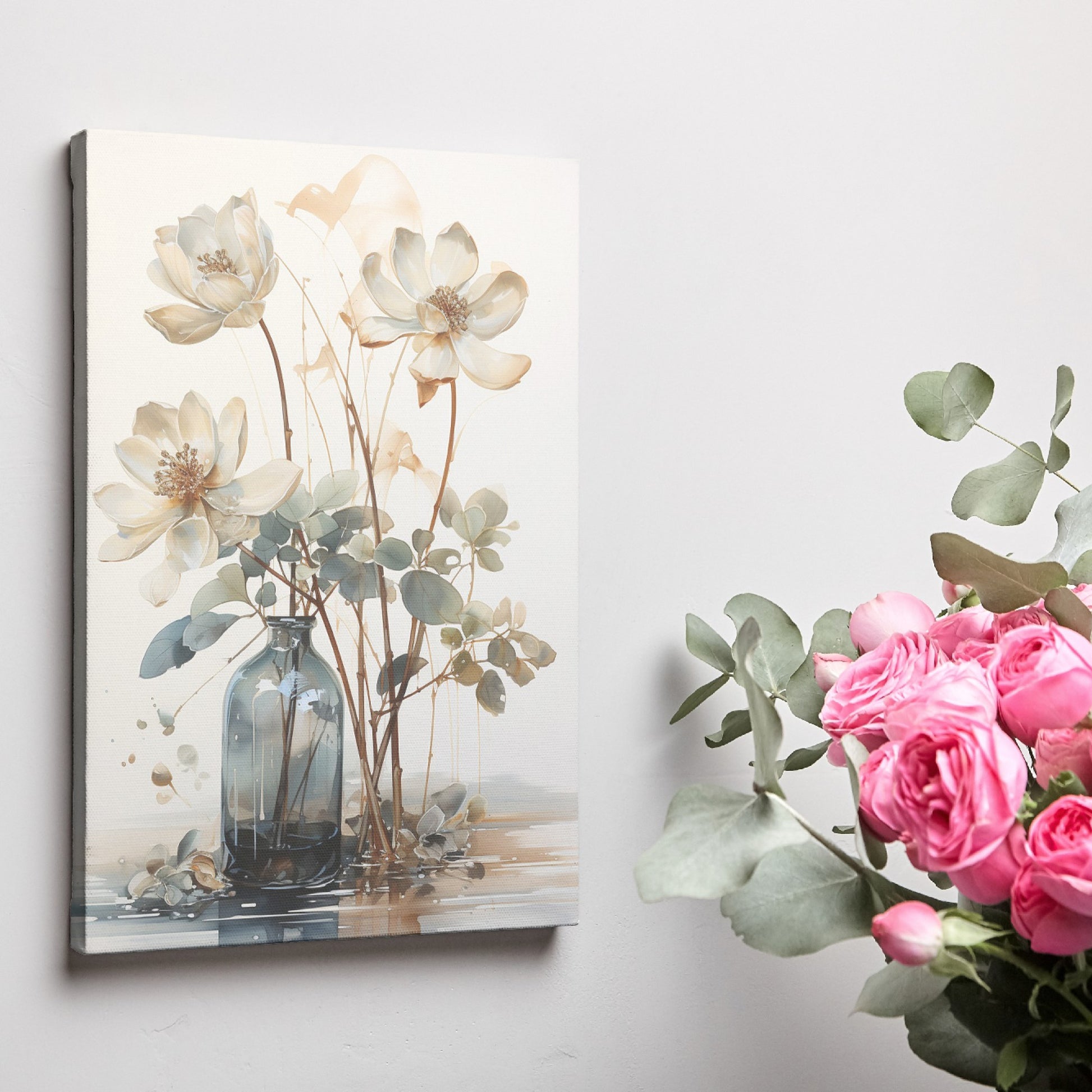 Framed canvas print of watercolor flowers in a glass vase with soft beige and brown tones