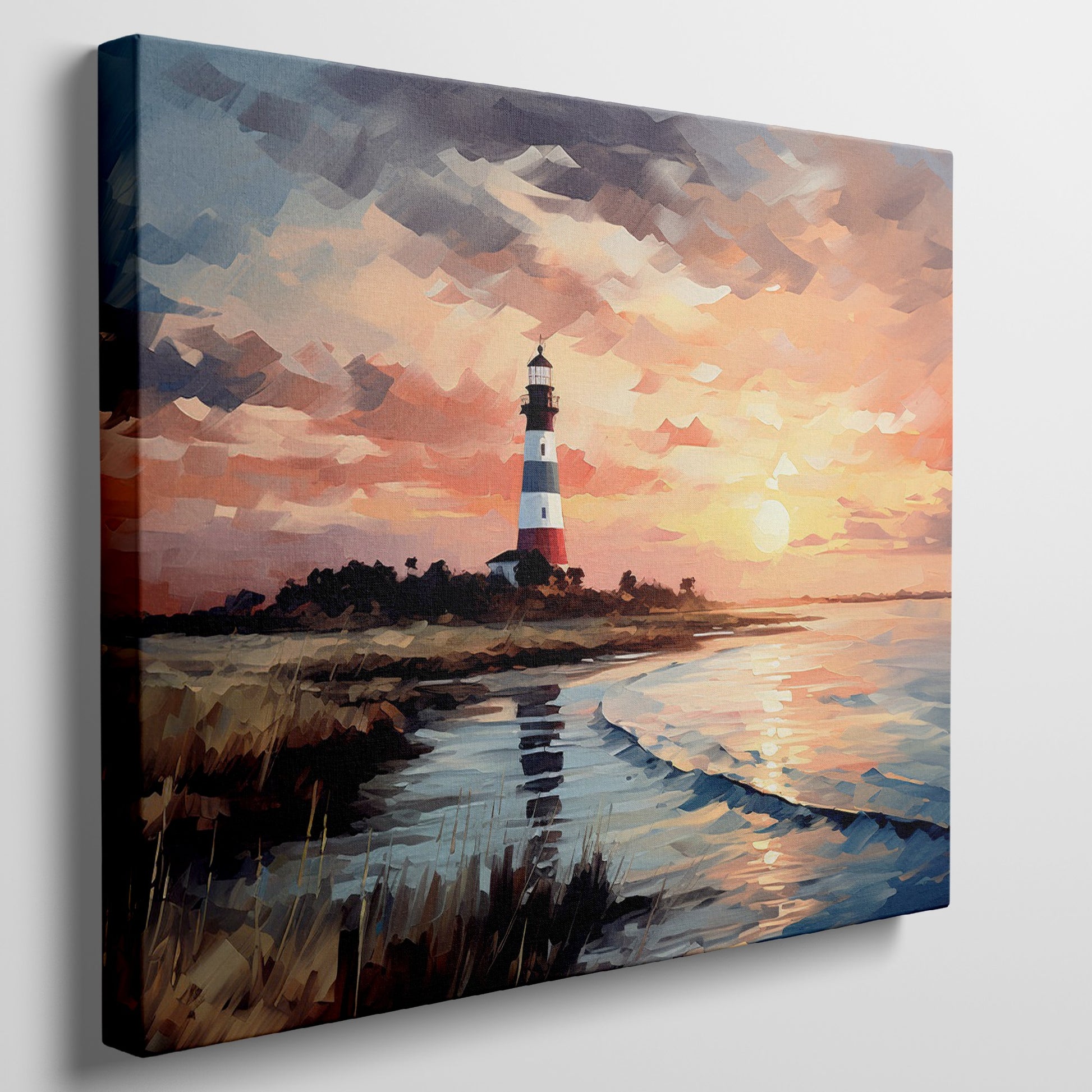 Framed canvas print of an impressionist lighthouse by the sea at sunset with vibrant colours