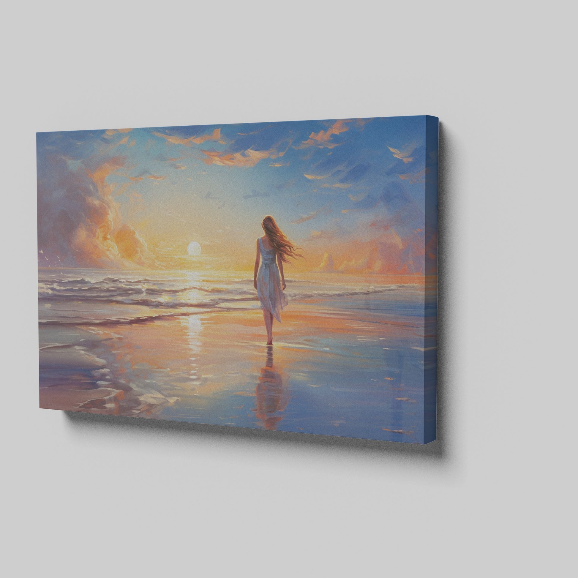 Framed canvas print of a woman walking on the beach at sunset with vibrant skies reflected in the water