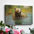 Framed canvas print of an impressionistic painting of a brown bear in a tranquil river setting with lush greenery