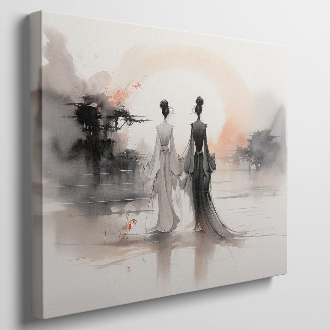 Framed canvas print of two traditional Chinese figures overlooking a tranquil sunset landscape with reflections and fish motifs