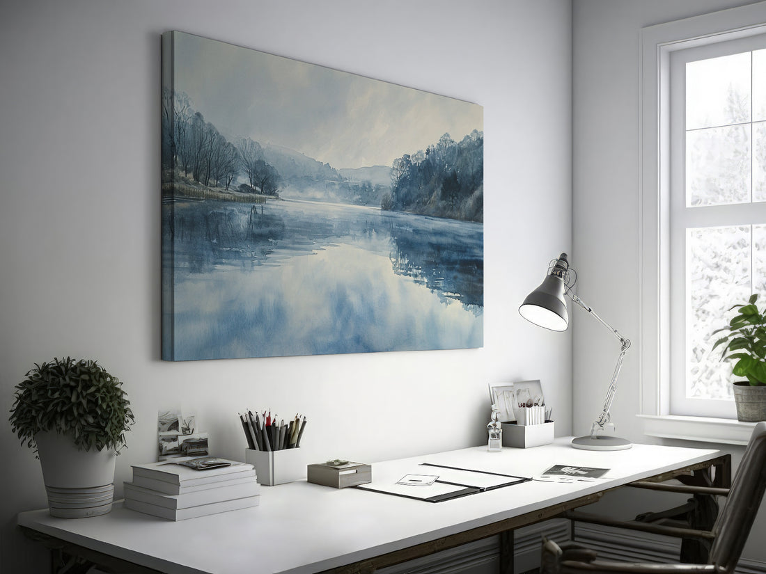 Framed canvas print of a serene lakeside watercolor painting with soft blue and grey tones