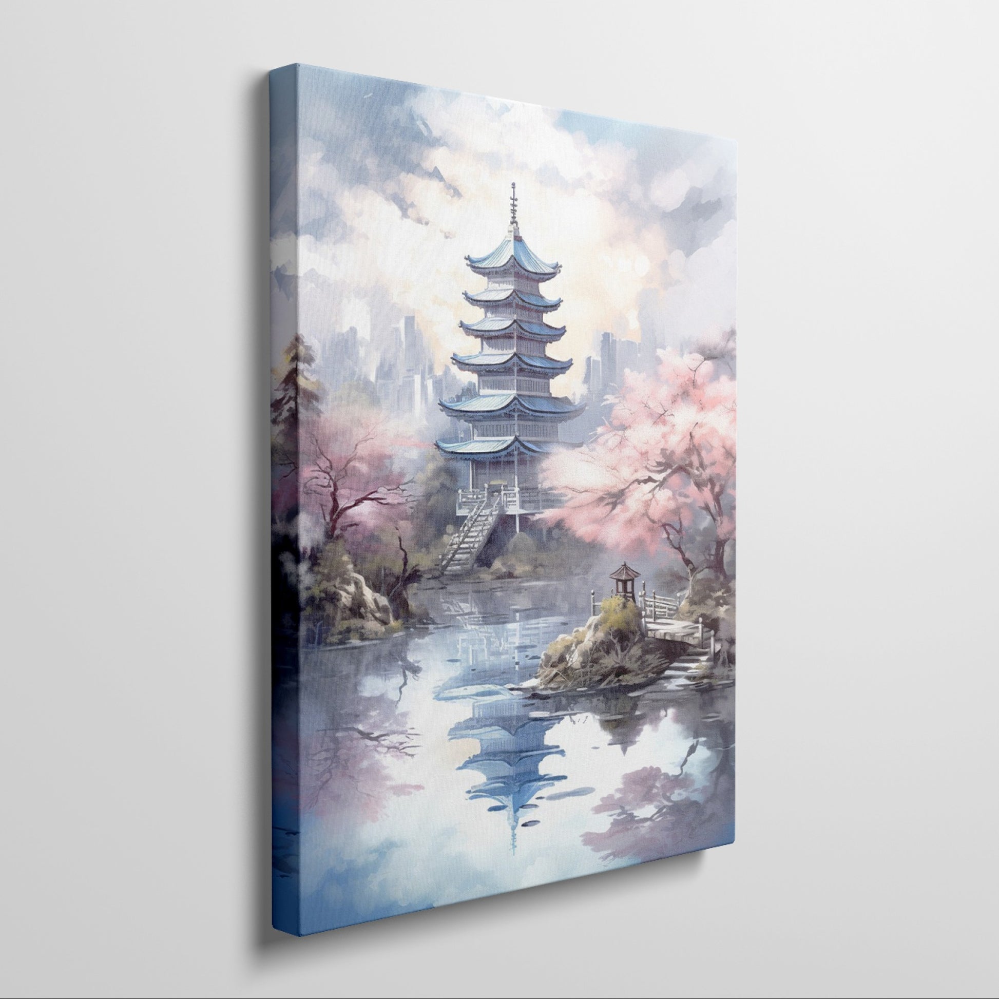 Framed canvas print of a traditional pagoda with cherry blossoms over tranquil waters, with modern skyline in the background