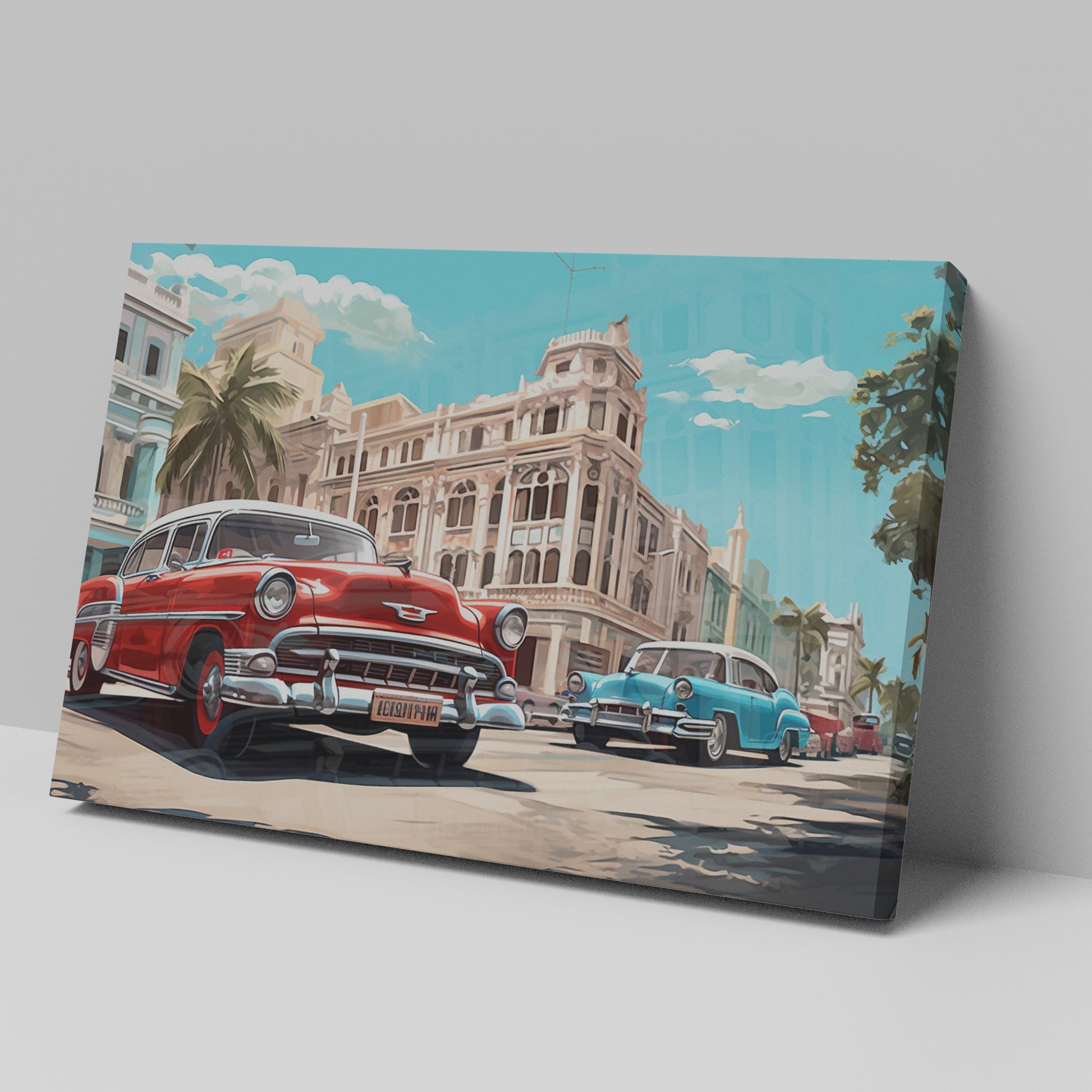 Framed canvas print of vintage cars and historic urban street scene in vibrant colours