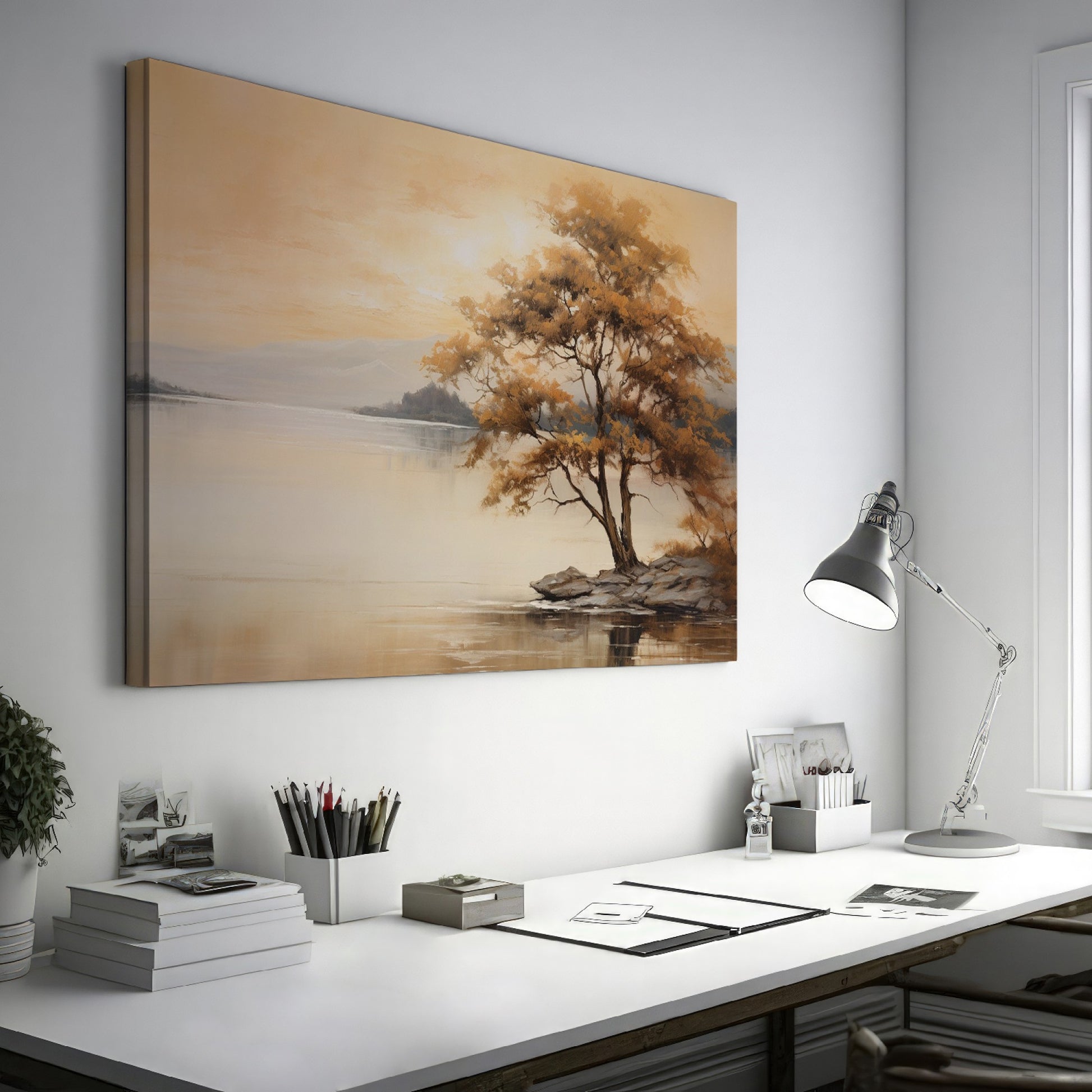 Autumnal landscape with a golden tree on a lakeshore and reflection in the water