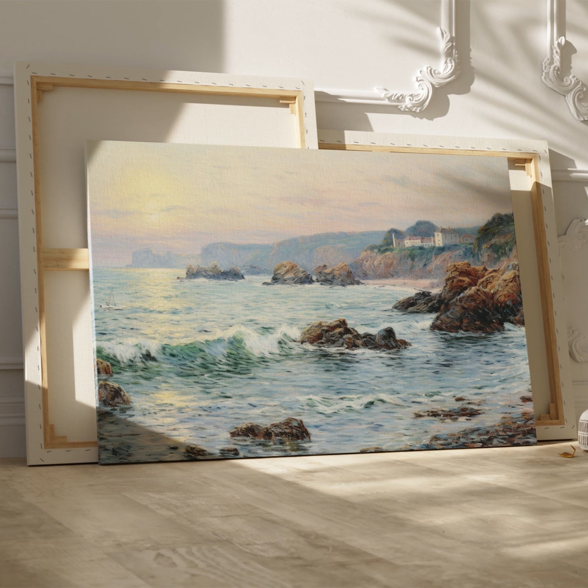 Framed canvas print of a coastal sunset impressionist painting with soft pastel colours and textured ocean waves