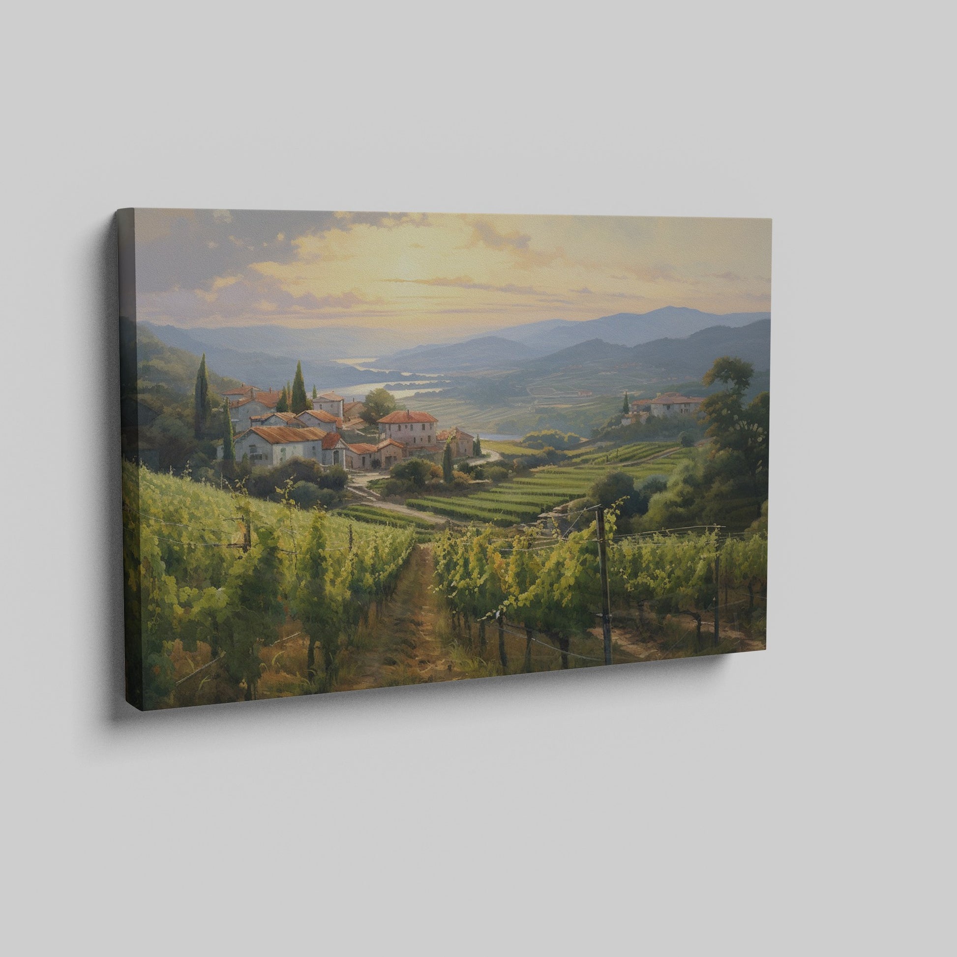 Framed canvas print of a Tuscan vineyard at sunset with warm golden hues and terracotta houses