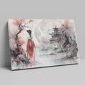 Framed canvas print of an Oriental landscape with a lady in red, cherry blossoms, and a traditional pagoda