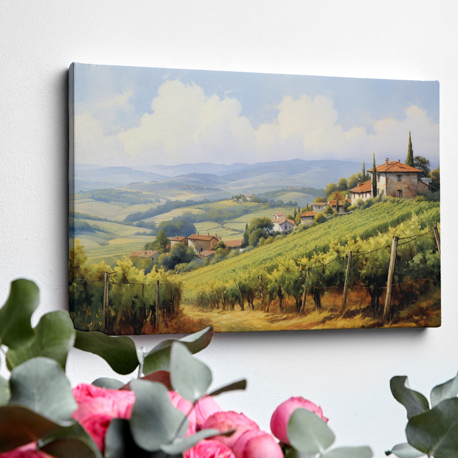 Framed canvas print of a sunny Tuscan landscape with vineyards and rustic houses